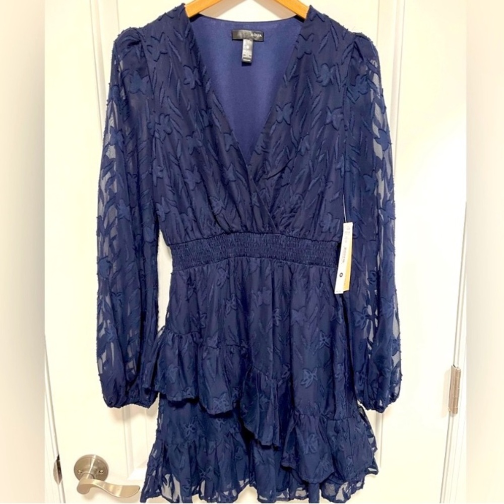 AQUA by Bloomingdales - Asymmetrical Ruffle Hem Mini Dress - Navy Blue- XS - New